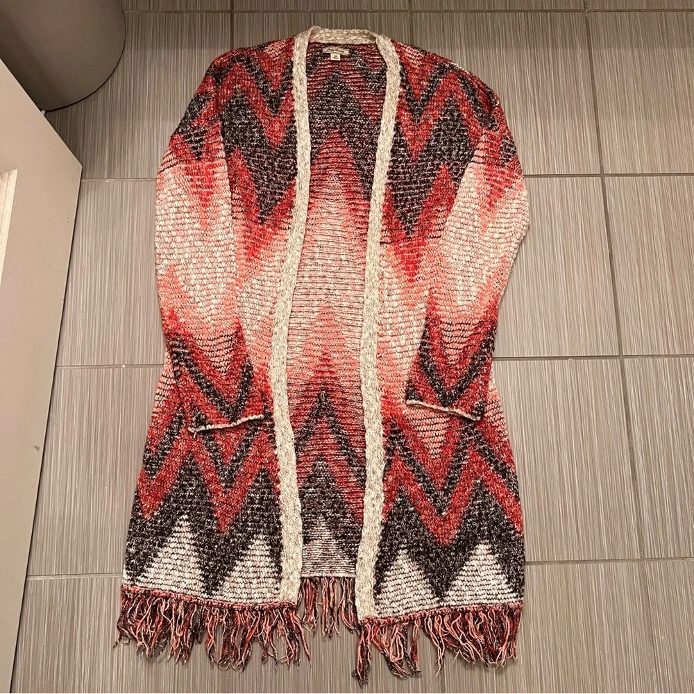 Lucky Brand Chevron Fringe Duster Cardigan sweater medium southwestern print - Picture 8 of 14